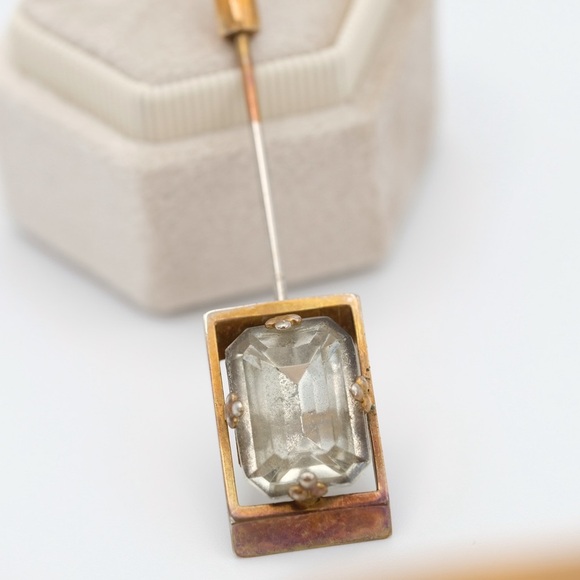 Vintage Art Deco Faceted Rhinestone Stick Pin Brooch 3” Goldtone Statement Piece - Picture 2 of 15